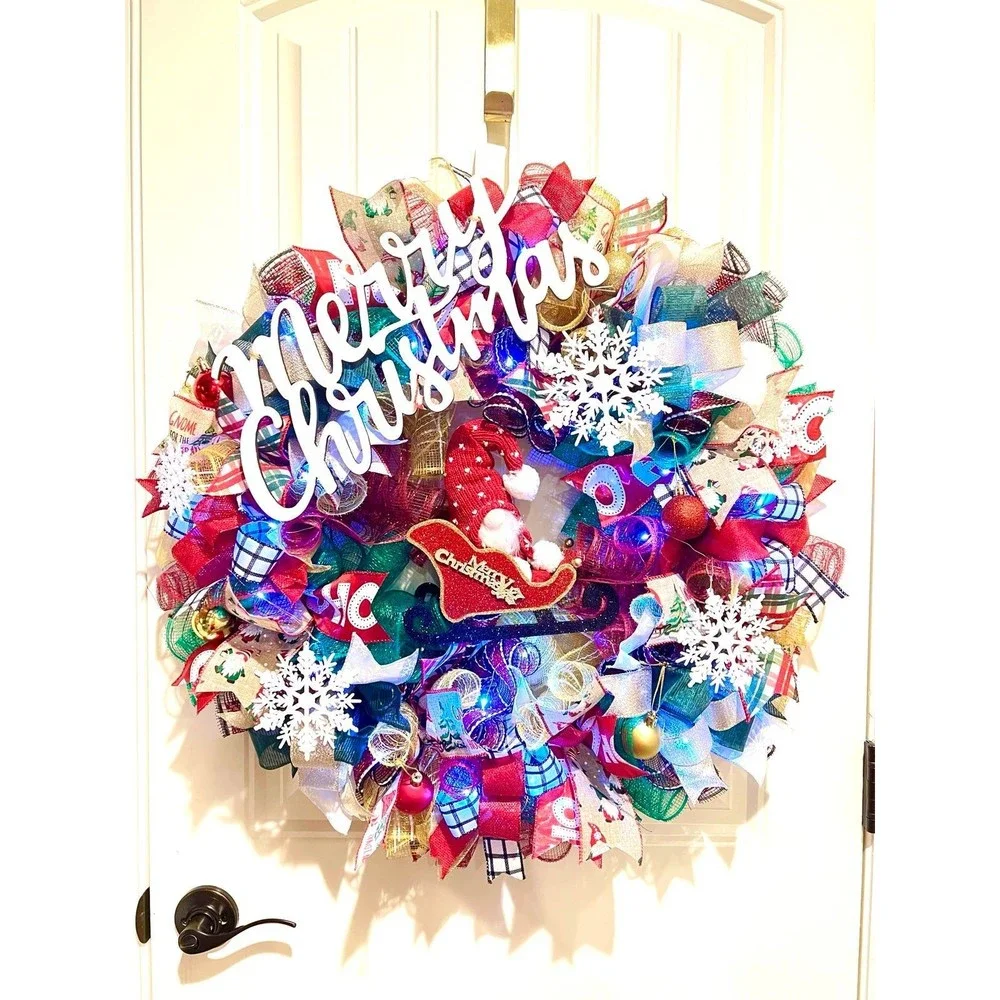 Handmade Christmas Gnome in Sleigh Holiday Ribbon Door Wreath 26 ins LED XLW2